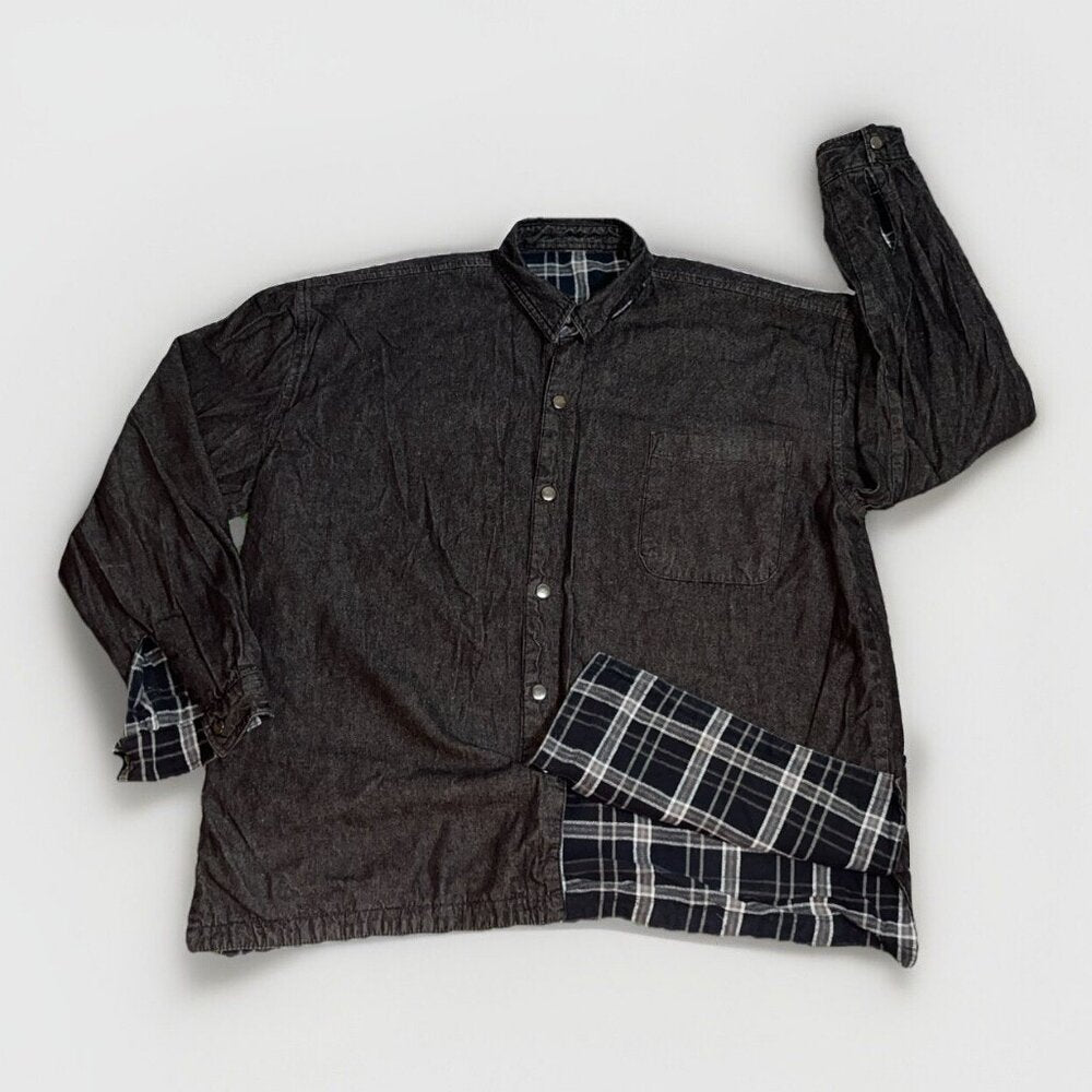 Y2K Faded Glory Mens Reversible Denim Plaid Shirt Jacket