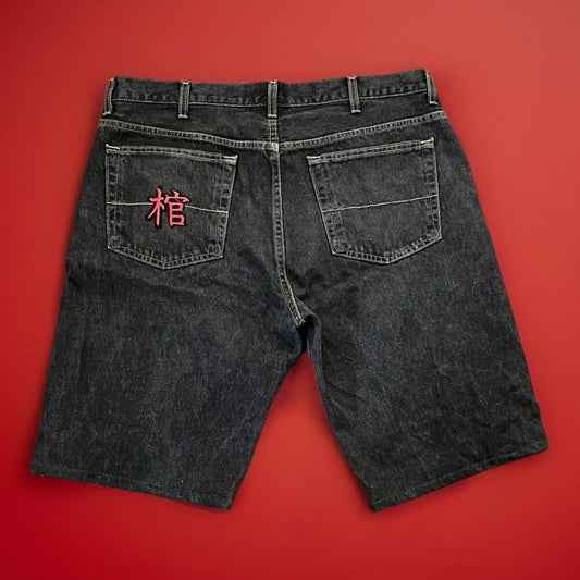 Vintage Custom Kanji Faded Glory Denim Shorts Jorts Black Grunge 90s Y2K Sz 38