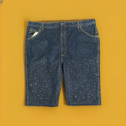 Vintage 70s 80s Sears Roebuck Dark Raw Denim Shorts Jorts Rhinestones Sz 42