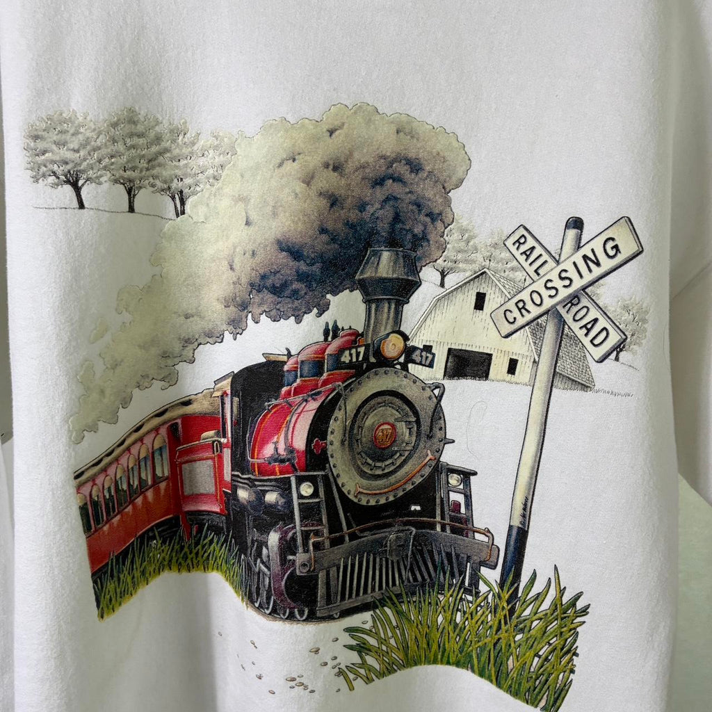 White Hanes Snowy Train Crewneck Sweatshirt