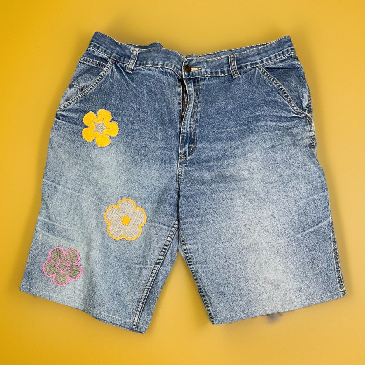 Custom Embroidered Denim Carpenter Shorts Jorts Denizen Work Y2K Flowers