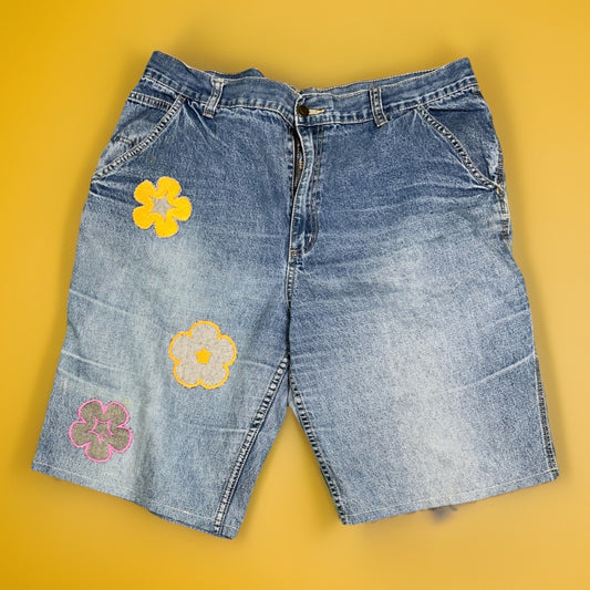 Custom Embroidered Denim Carpenter Shorts Jorts Denizen Work Y2K Flowers
