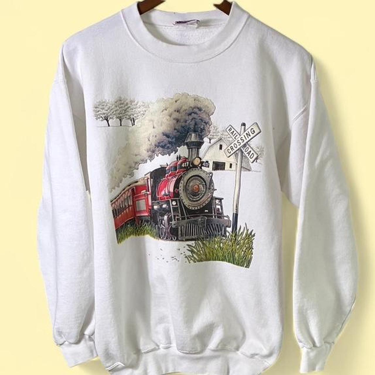 White Hanes Snowy Train Crewneck Sweatshirt
