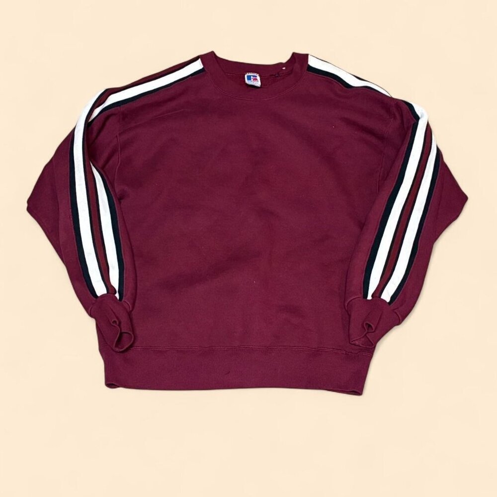 Vintage 2000s Y2K Burgundy White Stripes Russell Athletic Crewneck Sweatshirt