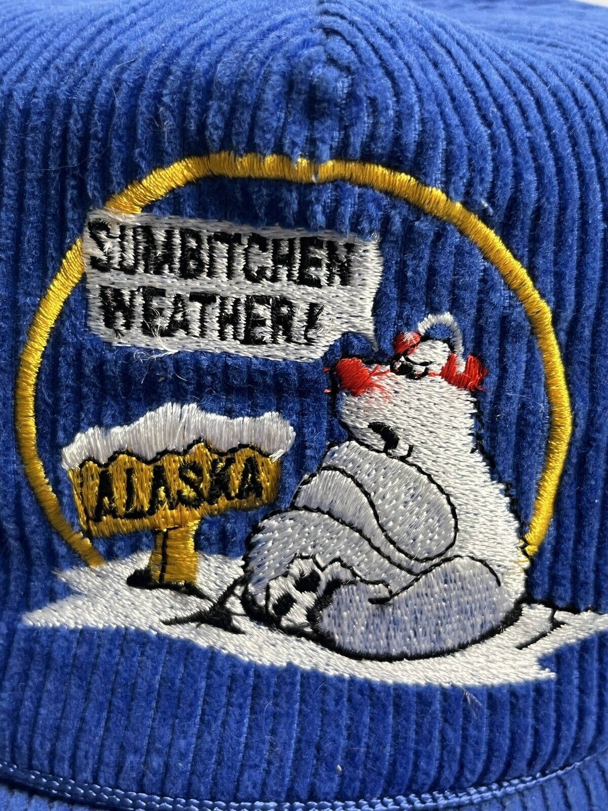 Vintage 90s Alaska Polar Bear Corduroy Snapback Rope Hat