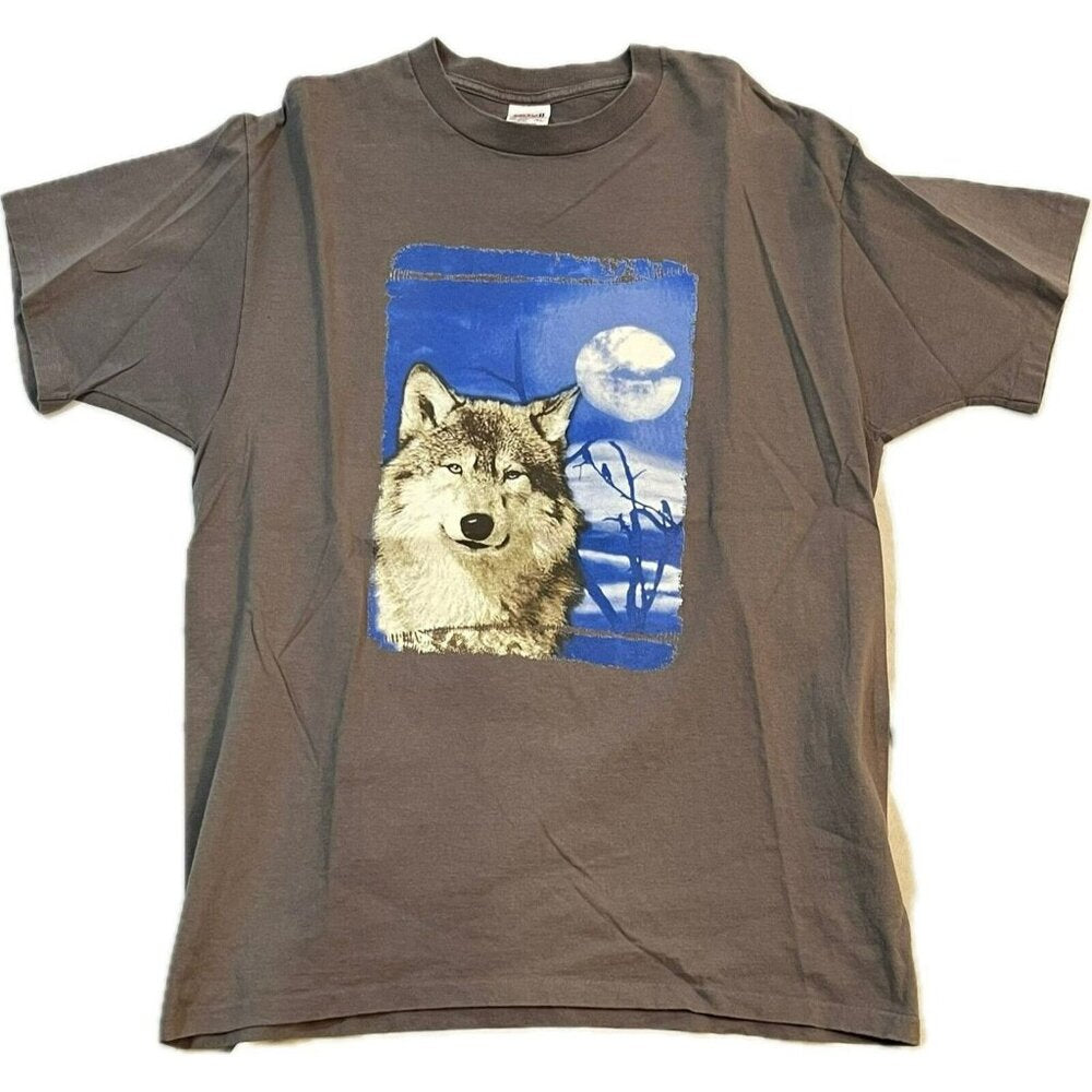 Vintage 90s Wolf and Moon Tee Sz XL Anvil Grey Made In USA Single Stitch