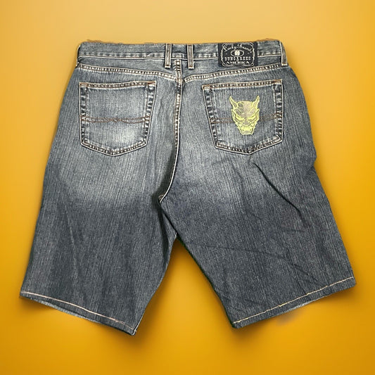 Custom Denim Lucky Brand Jean Shorts Blue USA Jorts Light Wash Oni Mask Sz 36